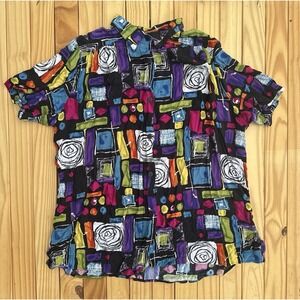 Vintage 1980s Abstract‎ Artsy Bright Colorful Button Down Blouse Black 1X